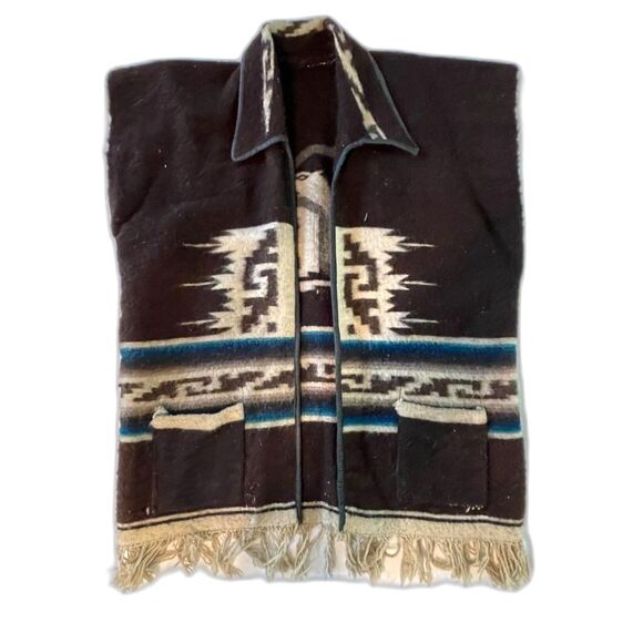 Vintage Native American Chimayo Wool Shawl Poncho Vest Southwestern Thunderbird - Picture 1 of 11